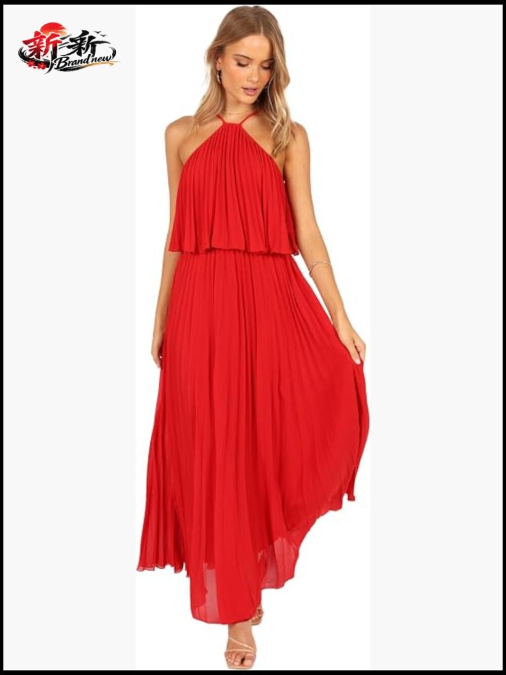 Petal & Pup Gia Pleated Halterneck Maxi Dress - Red